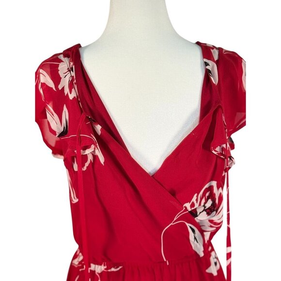 MauricesX-Small Womens Floral Wrap Dress Red White Ruffle Sleeve Maxi Sheer Over - Picture 4 of 10
